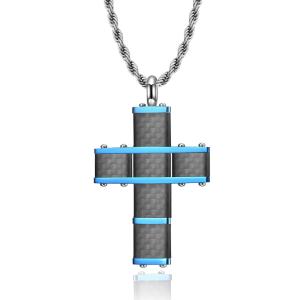 Quality Christian Religious Custom LOGO Pendant Stainless Steel Gold Plated Cross Necklace with Carbon Fiber Inlay and Blue Plating wholesale
