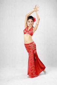 Quality 2pcs Halter Neck Red Metallic Belly Dance Performance Wear Bras &amp; Skirt Belly Dance Clothes wholesale