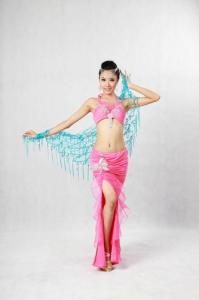 Quality Pink Belly Dancing Clothes Erogenous Halter Neck Metallic Bras Side Split Maxi Skirt For Performance wholesale
