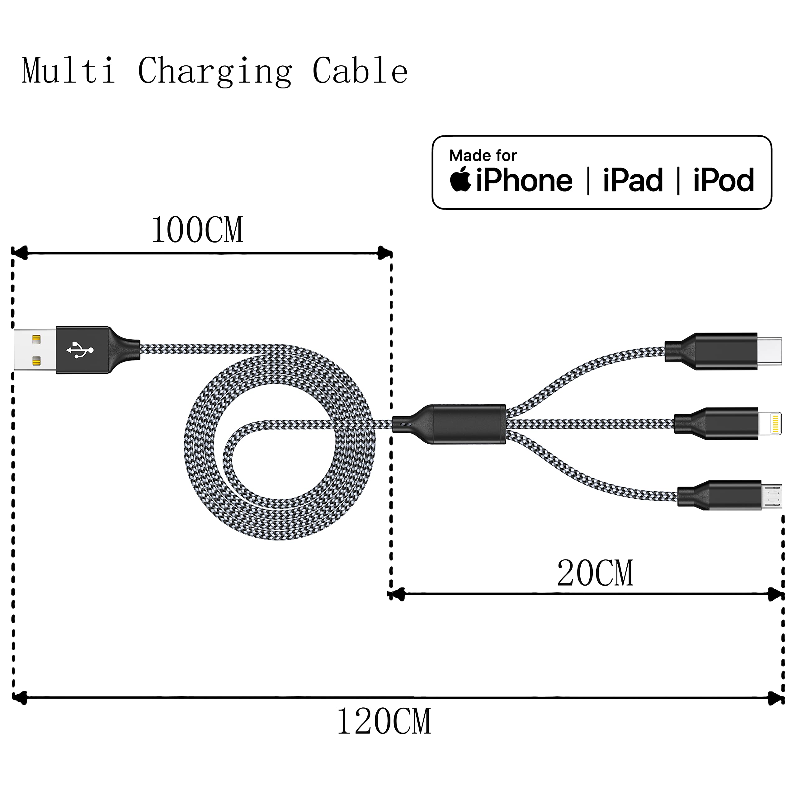 3 in 1 Multi Phone Cord with Type C/Micro/Lightning USB Connectors USB Charging Cable