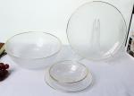 Round Golden Rim 33cm Embossed Crystal Glass Plates Transparent Homemade