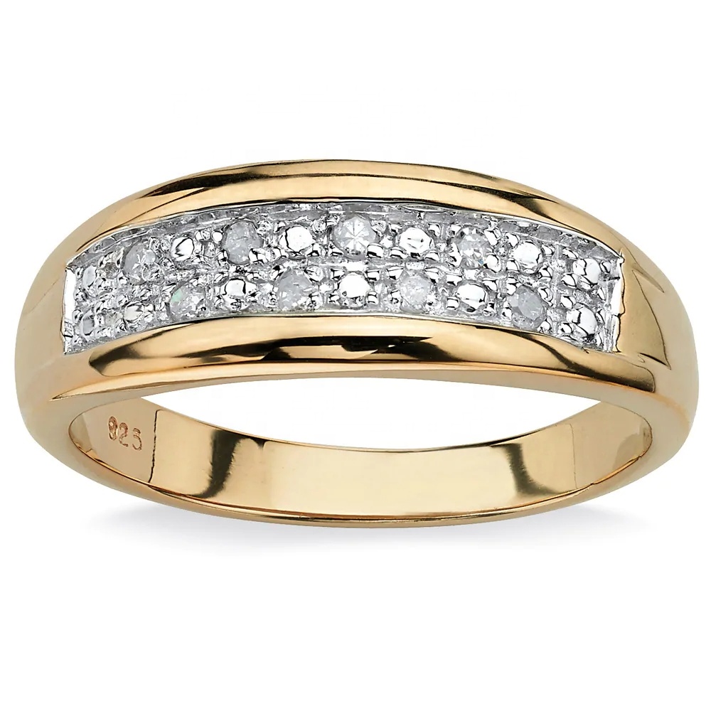 Silver / Brass Men's Prong Set Diamond Wedding Ring In 18k Gold Plating With Pave Diamonds