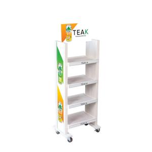 Quality Double Sided Wooden Beverage Holder Red Bull Display Stand With Wheels wholesale