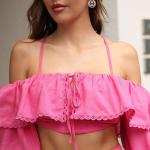 Flounce Sleeve Cold Shoulder Crop Tops Classy High Waist Tiered Mini Skirt