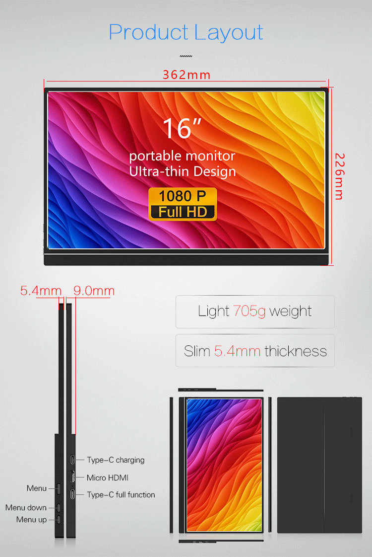 1080P HDR Display 1000:1 Weight 705g 16 Inch Portable Monitor
