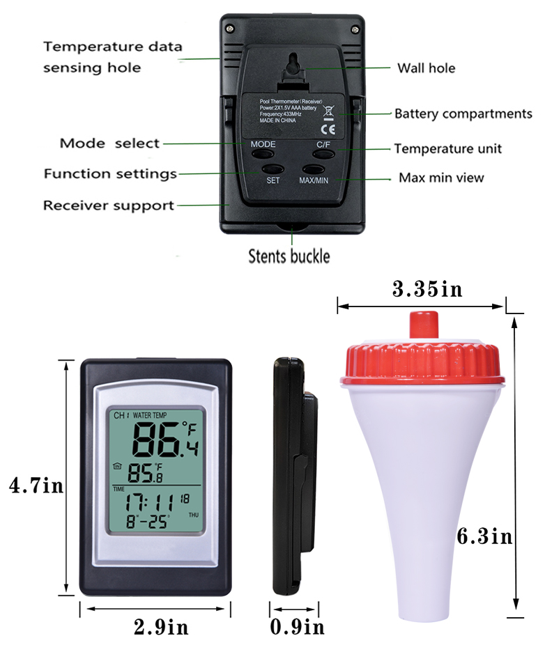 Temperature Accuracy Wireless Solar Digital Pool Thermometer In Red And Silver