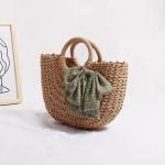 Brown Corn Skin Crochet Hand Bag Small With Green Scarf Bow Woven ODM