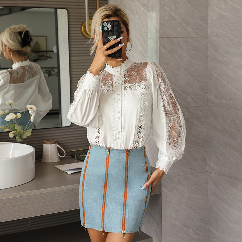 Timeless Charm Embrace Captivating Style With Our Enchanting Blouse High Waisted Lace Tops With Stand Collar For Women