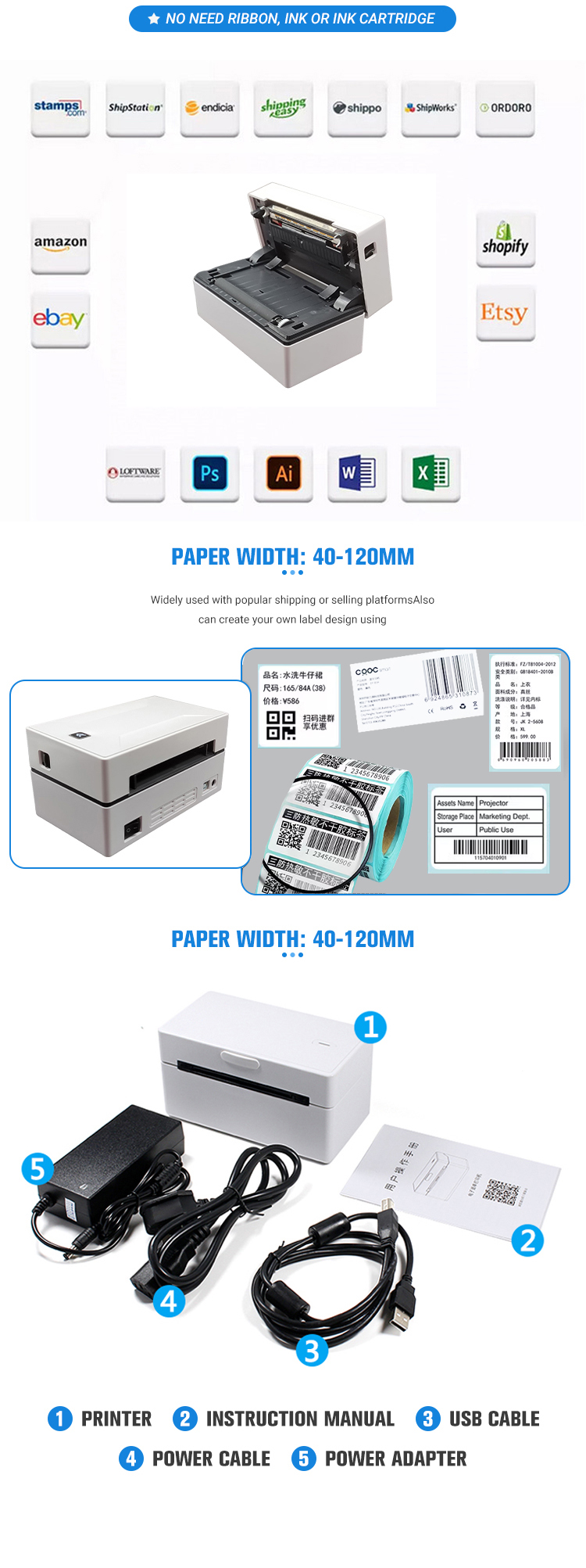 POS9200L 4 Inches Blue Totoh And Usb Label Printer For 4x6 Shipping Label Printing