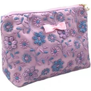 Quality Purple Flower Pattern Large Zipper Makeup Bag Lace Cloth Embroidery OEM wholesale