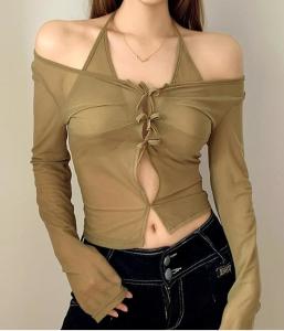 Quality Small Batch Clothing Manufacturers Perspective Mesh Bow V - Neck Long Sleeve T - Shirt wholesale