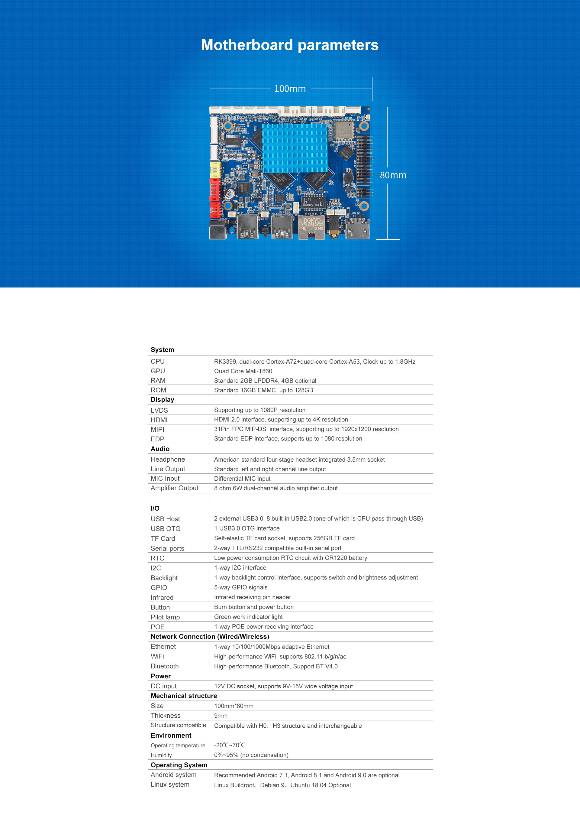 H-3399 Smart HMI Motherboard Quad Core Mali-T860 Standard 16GB EMMC 2 external USB3.0