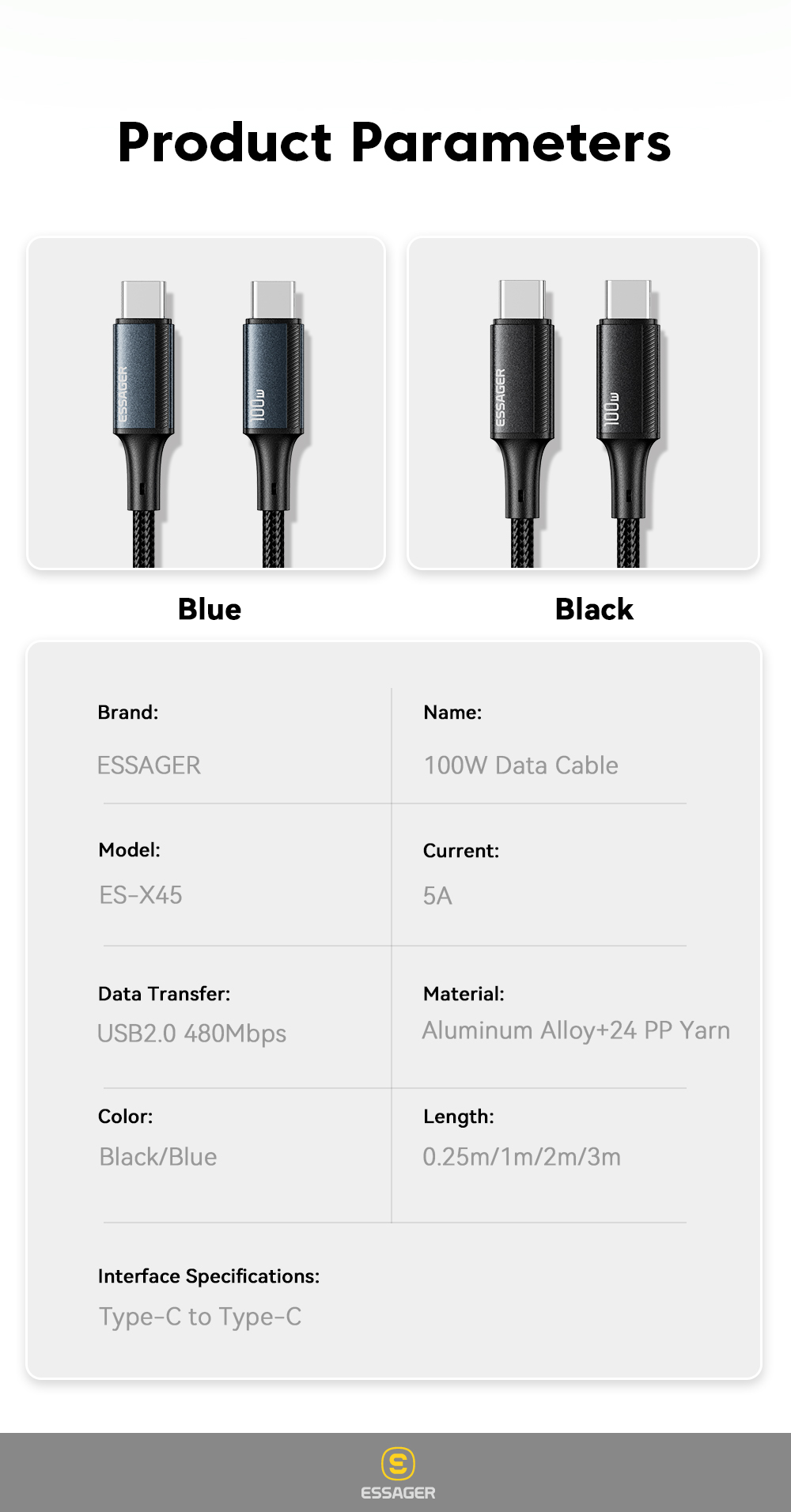 ESSAGER ES-X45 Series USB C to C Fast Charging Cable 100W 1m 2m 3m