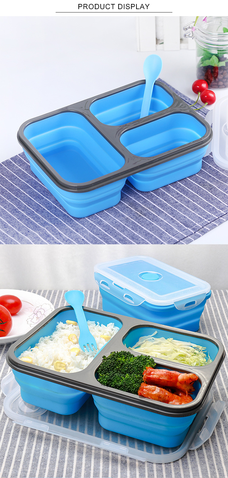 Rectangle 3 Compartment Collapsible Bento Box For Adults