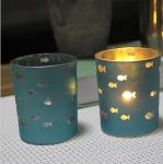 Electroplate blue glass votive candle holder with hollow sea fish decor