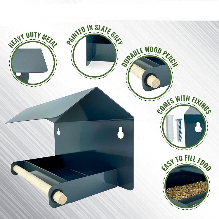 Rain Cover Roof Bird House Frame Wall Mounted Garden Locker Bird Feeder in Black Steel