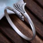 Handcraft Engraved Peafowl Design Sterling Silver Cuff Bracelet for Women