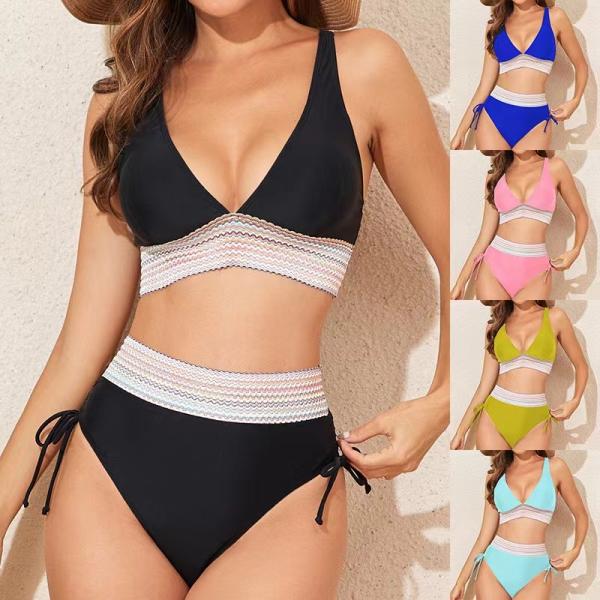 Floral Striped Bikini Halter Swimwear Set Removable Padding Ruched Vacation