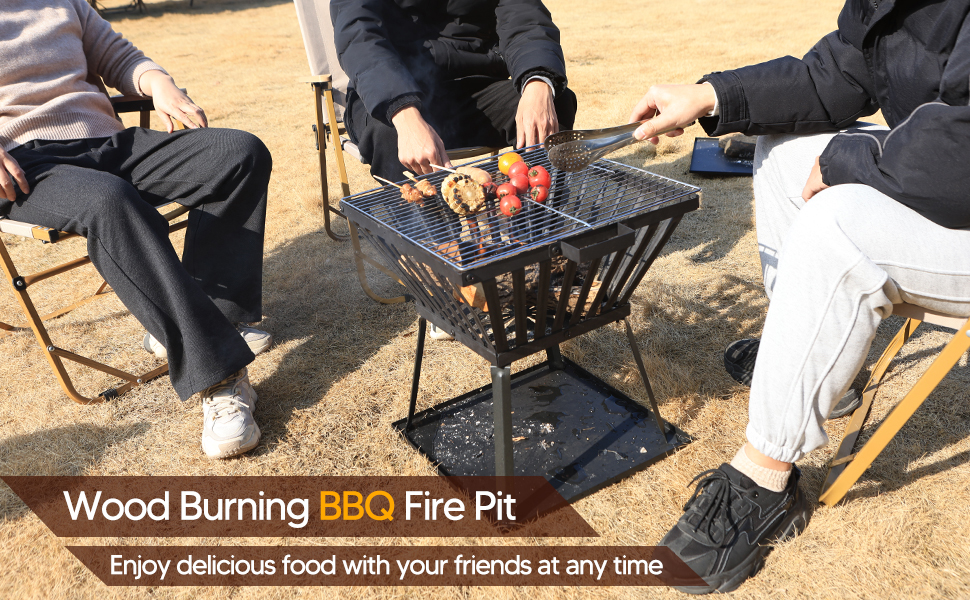 Outdoor Heating Trapezoid Metal Wood Burning Firepit Stove with BBQ and Picnic Finish