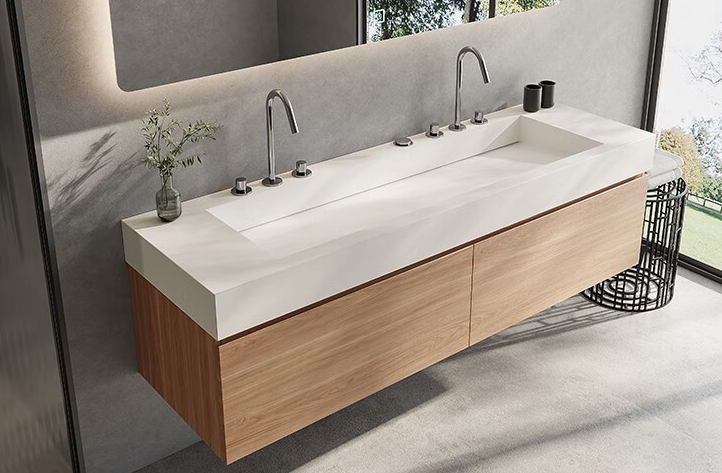 Simple Wood Grain Bathroom Vanity with Wall Mounted Double Sink and Basin Included