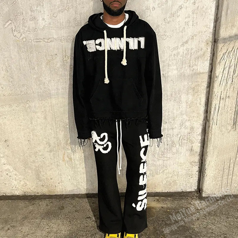 Custom Embroidered Patches Logo Jogging 2 Piece Set Heavyweight Streetwear Distressed Hoodie Sweat Pant Blank Tracksuit for Men