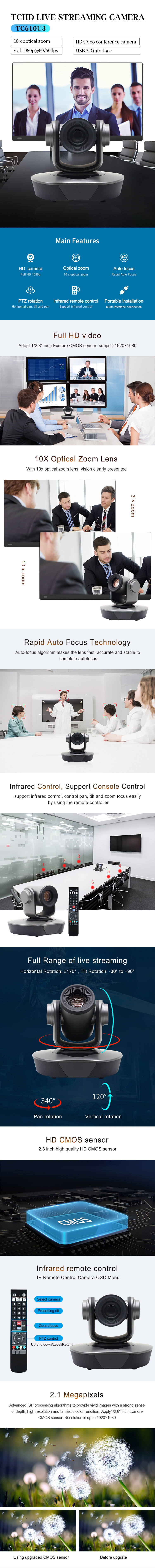 TC610U3 10X Optical Full HD Meeting Video PTZ POE IP Camera with USB3.0 Input Interface