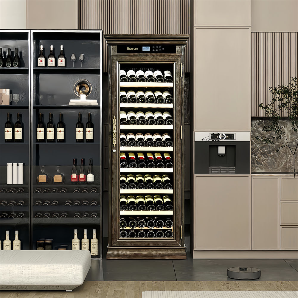 Classic Dark Brown Wood Wine Cooler With Touch Control Panel And Locker