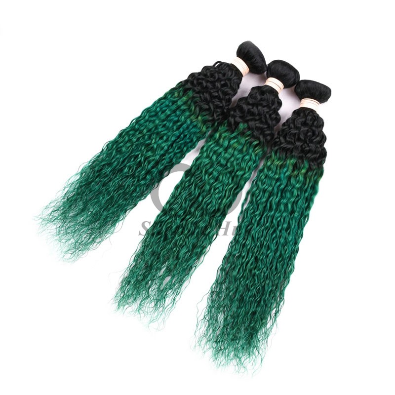 #T1B/Green Kinky Curly Remy Human Hair Bundles Sew In Weave Bundles Brazilian Bundle Deals
