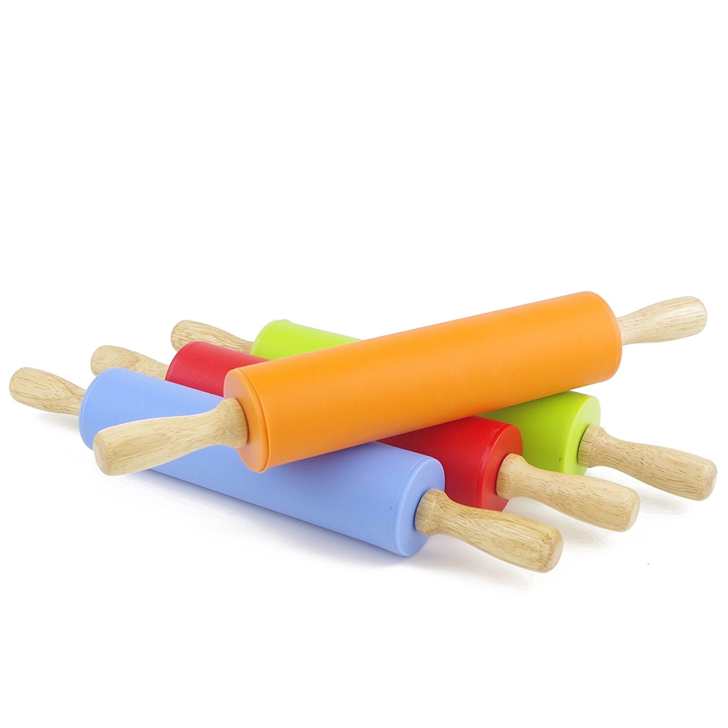 Safety FDA Food Grade Baking Tools Silicone Rolling Pin Non-stick Surface Wooden Handle (12 inch, Blue)