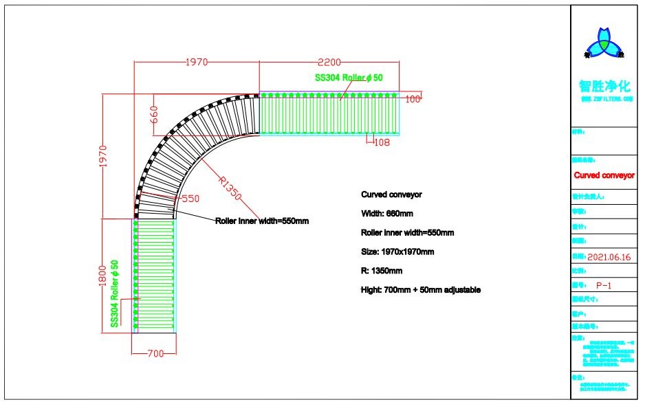PLC Control Stainless Steel 304 Curved Conveyor For Pass Materials