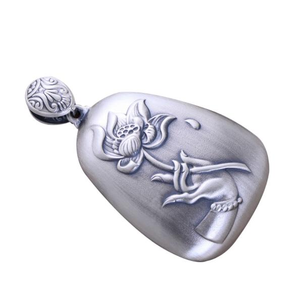 Women Engraved Sutra Flower Sterling Silver Drop Pendant Necklace Buddhist