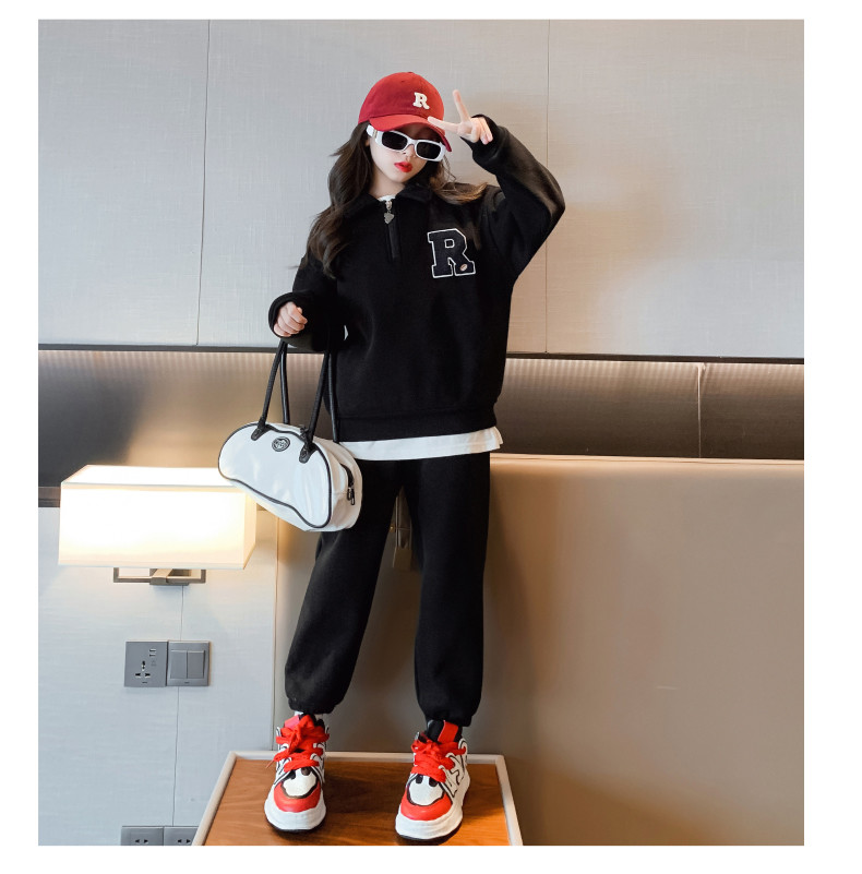 Children Half Zipper Sweatshirt Two Piece Suit Thickened Black 60% Cotton 40% Polyester