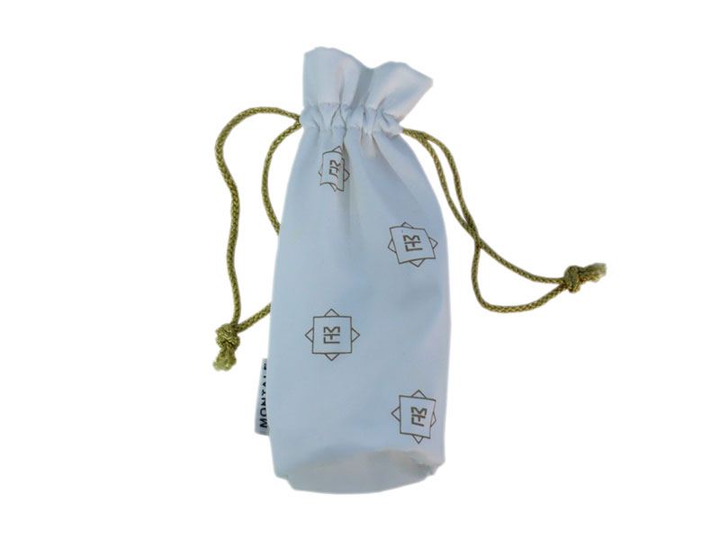 White FR Leatheroid Drawstring Bag, Fabric Carrier Bags With Gold Twist Strings