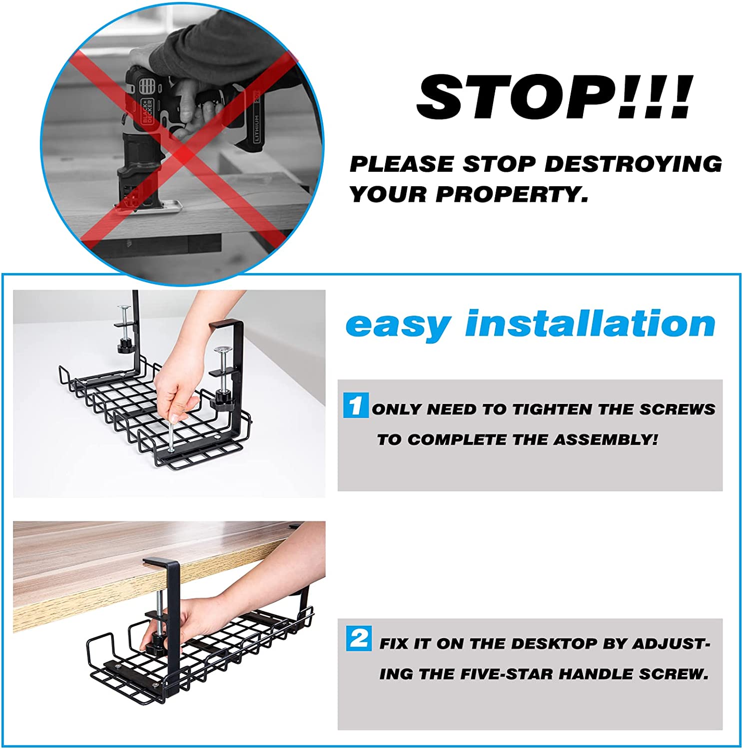 Silver Iron Wire Design Under Desk Cable Management Tray for Adjustable Cord Control