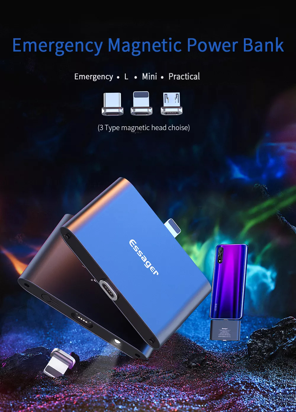 Mini Charger Power Banks 1320mAh Micro USB C LED Emergency Magnetic Power Bank