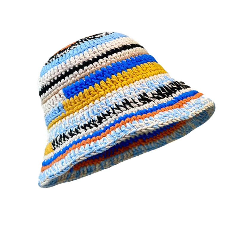 Custom Crochet Hat Autumn Winter Colored Handmade Striped Knitted Versatile Crochet Bucket Hats Thick Women Fisherman Cap