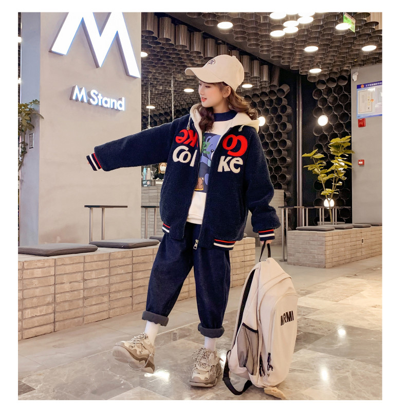 Girls extra thick coat children's clothing hooded embroidered woolen coat lamb cashmere navy blue casual thermal coat