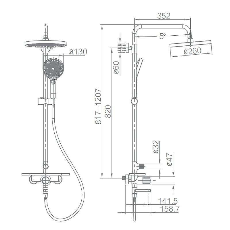 ABS Wall Mounted Bath Shower Mixer Set Gun Grey Color Brass Material