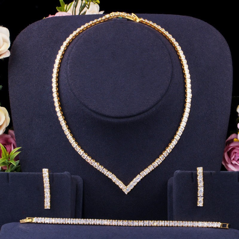 White Gold Color Luxury Bridal CZ Crystal Necklace and Earring Sets Big Wedding Jewelry Sets For Brides