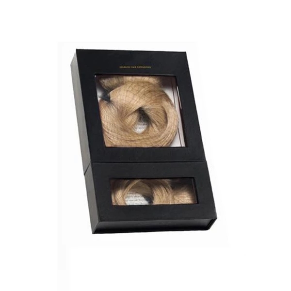 Custom made matt black paper gift two clear window packaging box for hair extension package