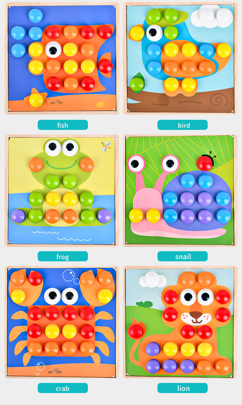 Children Wood Baby Developmental Toys Particle Button Puzzle Mushroom Nail Cartoon