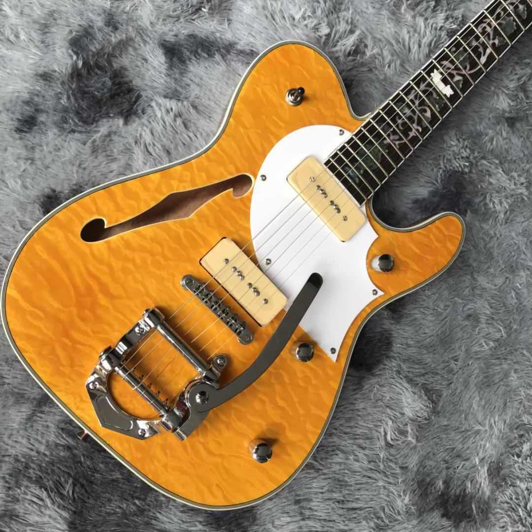 2020 Grand Special F Hole TELE P90 Pickuo Electric Guitar Quilted Maple Abalone Inlay Bigsby