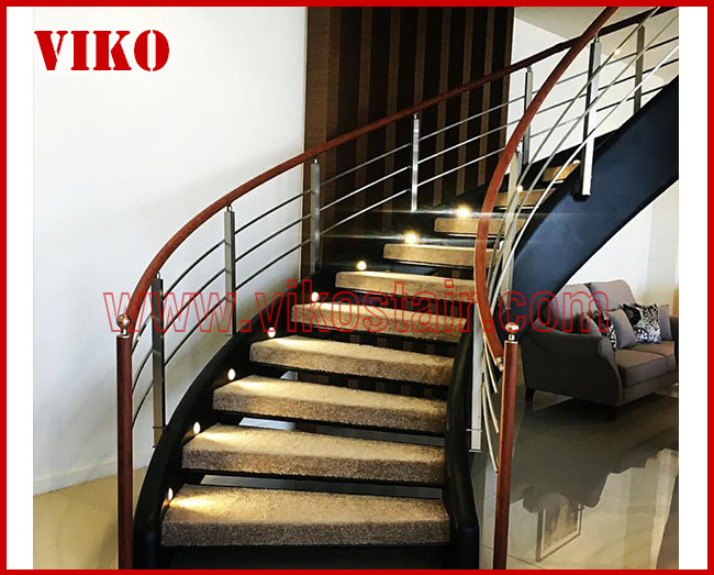 Wrought Iron Staircase VK98S Wrought Iron Handrail Tread slate,Railing tempered glass, Handrail b eech Stringer,carbon