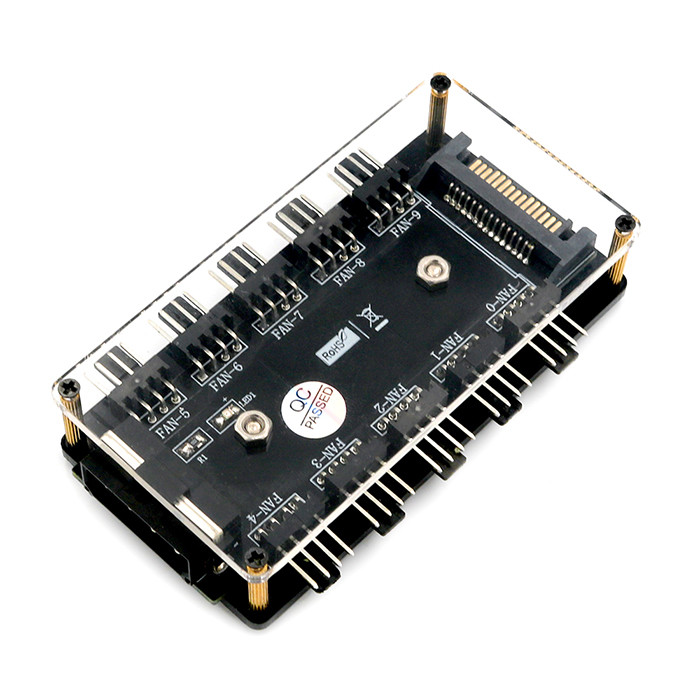 10-Way Fan Hub With PMMA Housing And Magnetic Bracket (Power Supply From A 4-Pin Molex Or SATA 15-Pin Connector)