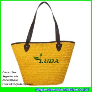 Quality LUDA ladies leather handbags yellow straw handmade beach tote bags wholesale