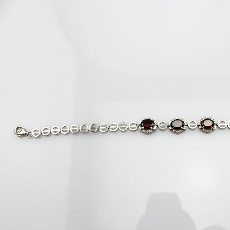 7x9mm Oval Created Garnet and Clear Cubic Zircon 925 Silver Chain Bracelet (H05)