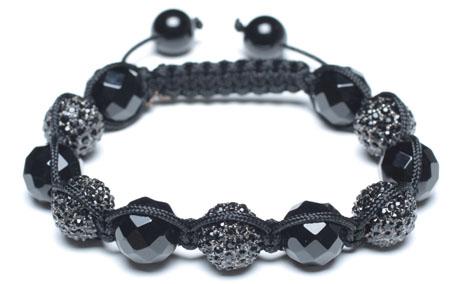 Adjustable Shamballa Bracelet, Black Onyx Faceted Rounds & Gunmetal Rhinestone