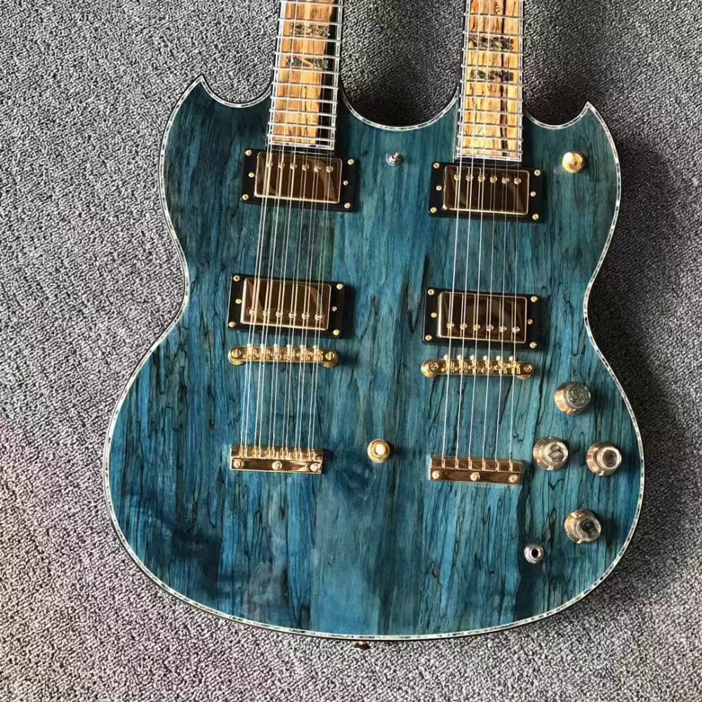 Top brand two head blue electric guitar with double neck and shell inlays