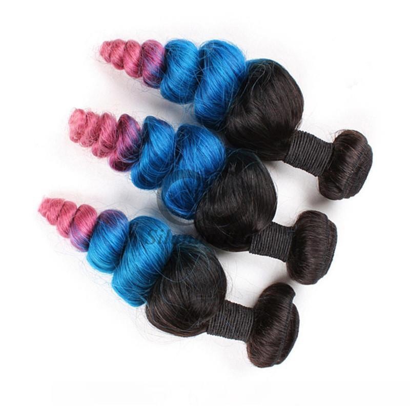#T1B/Blue/Pink Loose Wave Remy Human Hair Bundles Sew In Weave Bundles Brazilian Bundle Deals