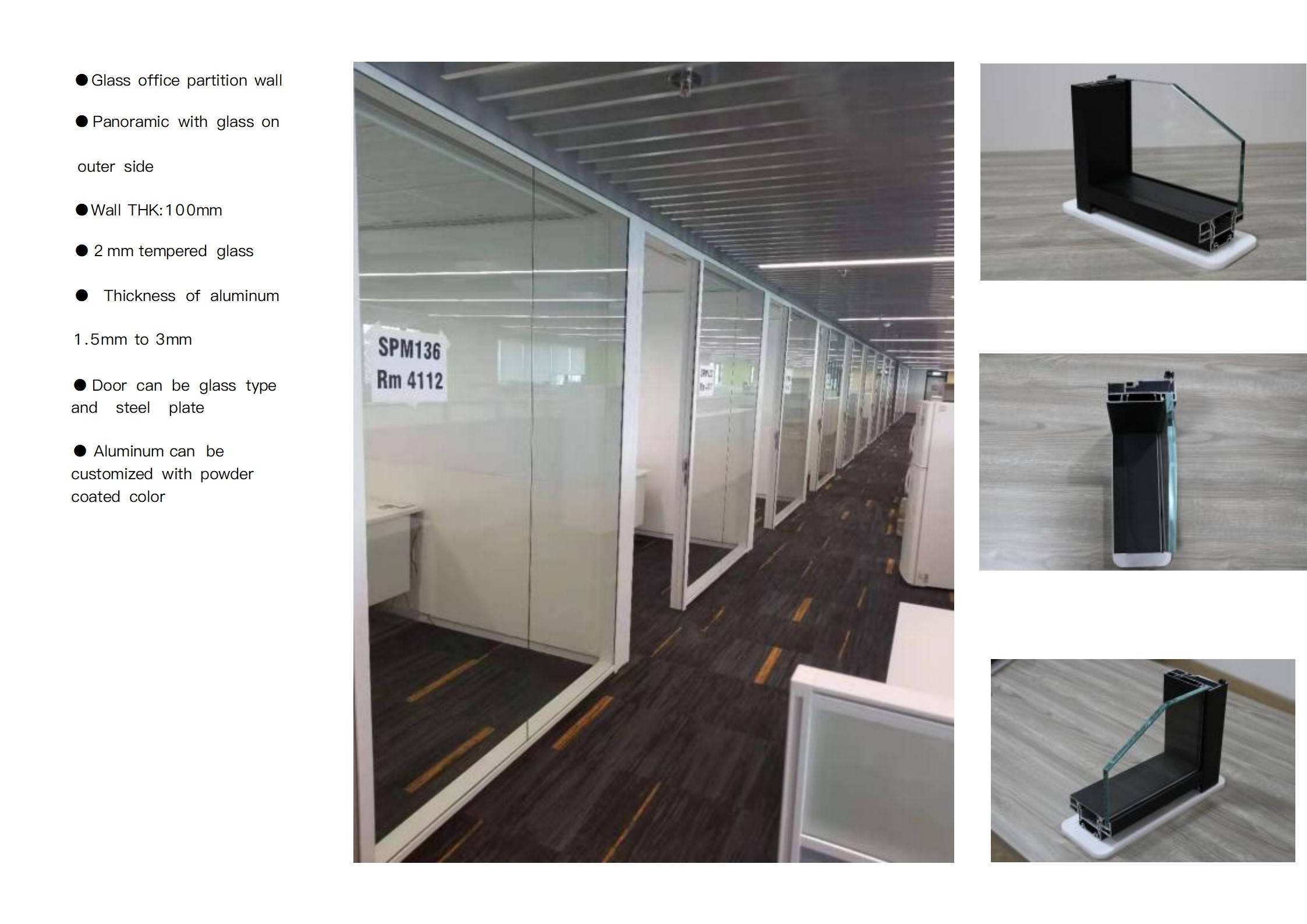 Aluminum Frame Panoramic Office Glass Partition Wall For Sliding Suspended